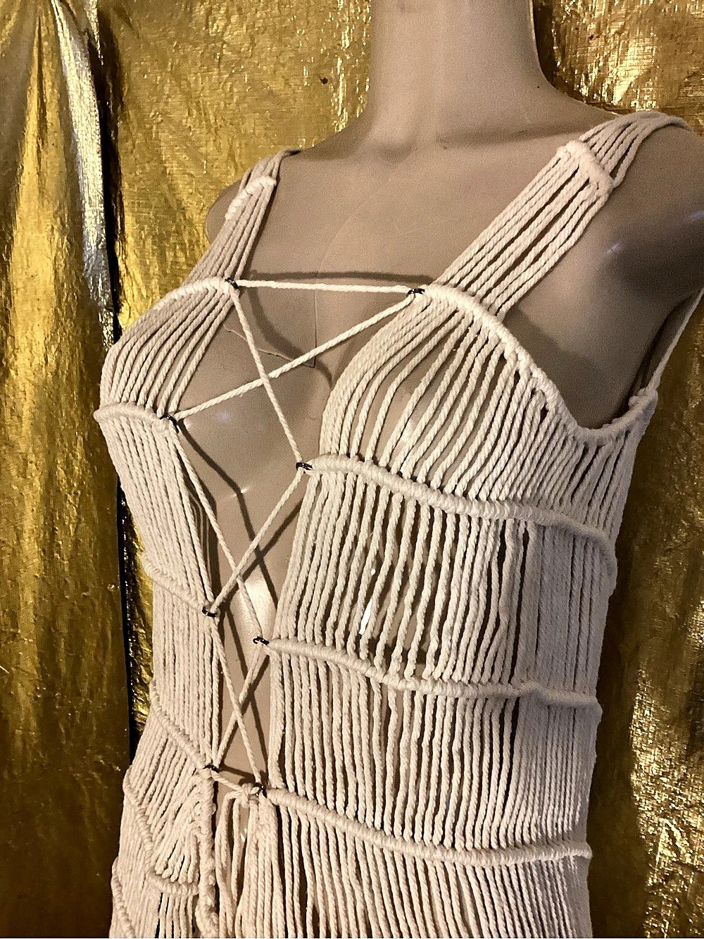 Cream Lace-Up Fringe Maxi Dress